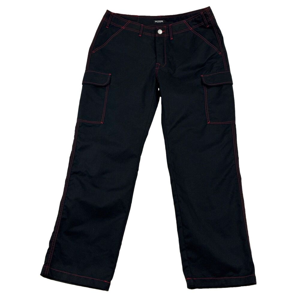 True Religion Cargo Pants, Jet Black With Red Stitching Men’s ￼36